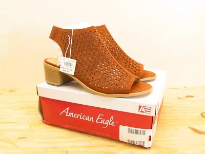Womens American Eagle Faux Suede Cognac 9 1/2" Open Toe Heel Shoes - Image 1 of 4