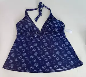 Camiseta Tankini Basic Editions Para Mujer Halter Cuello en V Azul Marino-Blanco Conchas Marinas 16 - Imagen 1 de 15