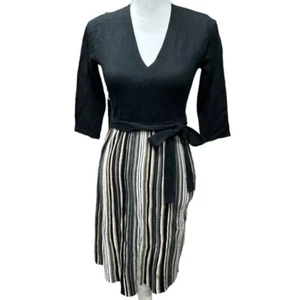 Studio 1 Striped Black Gray Tan Cream Skirt Belted Sweater Dress Size SM NWT - Picture 1 of 9