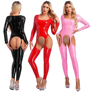 Damen Kunstleder Jumpsuit Overall Wetlook Body mit Hosenträger Strümpfe Clubwear - Bild 1 von 39