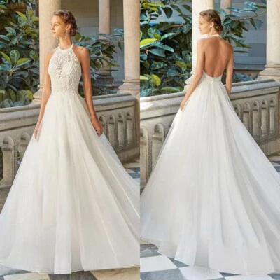 Elegant A-Line Wedding Dresses Halter Neck Backless Lace Appliques Bridal Gowns - Image 1 of 4