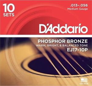 D'Addario Phosphor Bronze Acoustic Guitar Strings, Medium, 13-56, 10 Sets