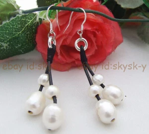 9x12mm Natural White Rice Pearl Black Leather 925 Silver Hook Dangle Earrings - Picture 1 of 10