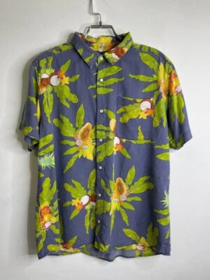 Camisa havaiana vintage estampa de frutas tropicais cinza amarela manga curta tamanho G - Imagem 1 de 4