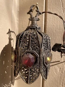 Vintage Chandelier Tulip Pendant Lamp Spelter Brass Jeweled Filigree SWAG Gothic - Picture 1 of 11