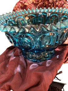 Vintage Blue LE Smith Moon and Stars Footed Bowl, Ruffled Edge 6 1/2"T 10 in"W - Picture 1 of 8