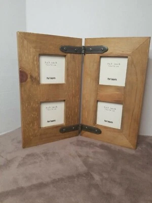 PIER 1 IMPORTS • Wood W/Metal Hinges Quad Photo Picture Frame • 3” X 3” 4 Photos - Image 1 of 4