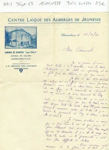 Dépt 63 - Chamalières Av de Villars - Belle Entête Auberge de Jeunesse de 1938 - Picture 1 of 1