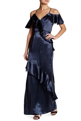 ABS Allen Schwartz 'Liviah' ~ Vestido de babado de ombro frio cetim azul-petróleo 2 NOVO $425 - Imagem 1 de 4