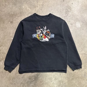 Vintage Looney Tunes Sweatshirt Adult Medium Black 90s Embroidered Warner Bros - Picture 1 of 6