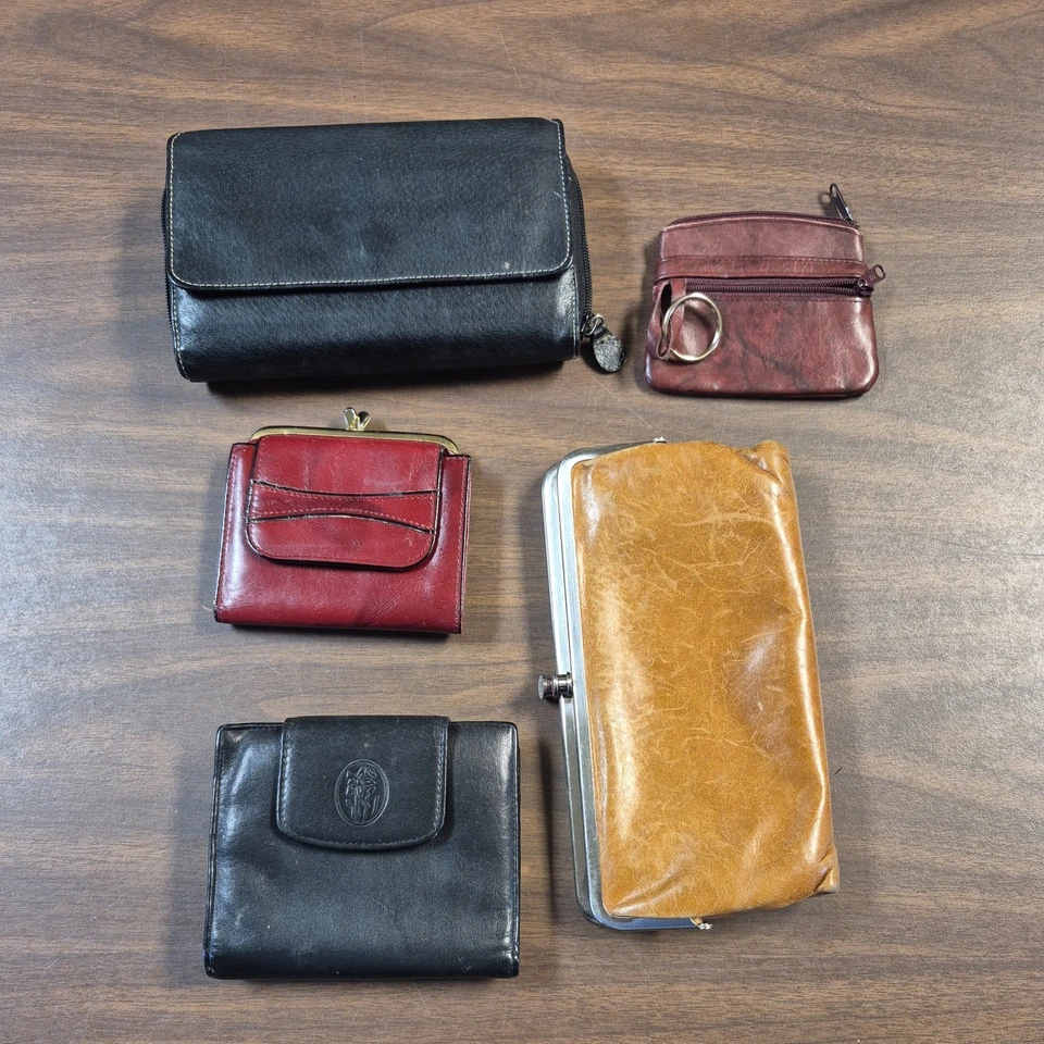 Lote de 5 Carteras de Cuero Genuino Tri/Doble Pliegue, Negro, Borgoña, Tostado Foto 1 de 4