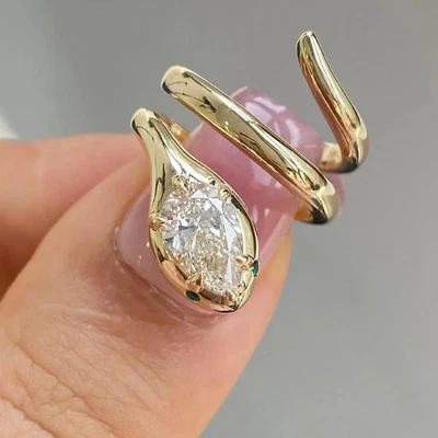 FINO 14k PLATA MACIZA Anillo Serpiente Moissanita Corte Pera, Joyería Foto 1 de 4