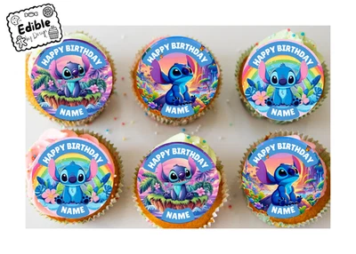 Stitch Birthday Cupcake Toppers Circles printed edible ink on Icing or Wafer