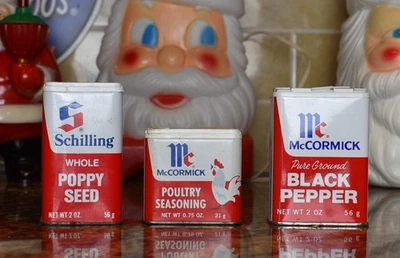 3 VINTAGE SCHILLING SPICE TINS~POPPY SEED & BLACK PEPPER & POULTRY SEASONING - Image 1 of 2