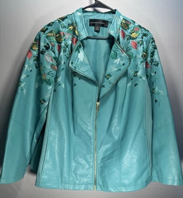 Colleen Lopez Women's Faux Leather Teal Floral coat Embroidered Jacket Zip Up 2X - Image 1 of 4