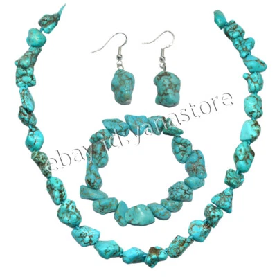 Natürlich Blau Türkis 10-15mm Unregelmäßig Perlen Halskette Armband Ohrring Satz - Bild 1 von 4