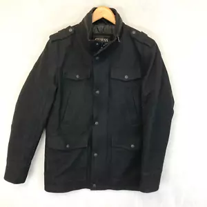 Guess Mens Heavy Wool Blend Jacket Medium Black Quilted Lined Pockets Y2K Style - Picture 1 of 19