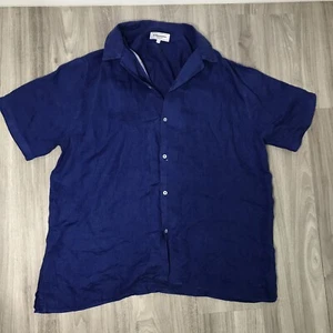 Camisa Europea de Lino Hombres XL 4 Azul Cuello Camisa Manga Botón Preppy Playa - Imagen 1 de 8