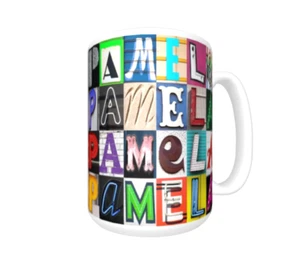 PAMELA Kaffeebecher / Tasse mit dem Namen auf Fotos von Zeichenbuchstaben - Bild 1 von 3