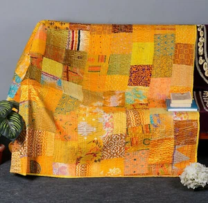 Indian Silk Kantha Quilt Handmade Sari Patchwork Bedspread Blanket Throw - Picture 1 of 58