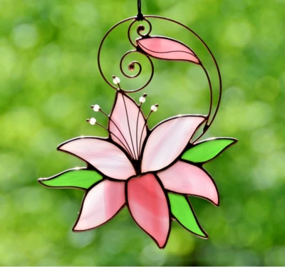 Витражное стекло розовая лилия suncatcher, цветок окна подвесной декор - Изображение 1 из 4