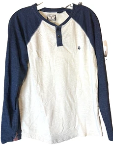 Volcom Tshirt Knit Long Sleeve Shirt raglan henley Mens M navy blue & cream - Picture 1 of 7