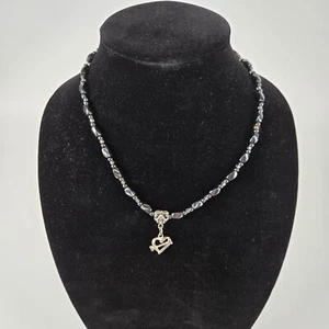 Magnetic Hematite Black n Silver Necklace With Heart Charm Funky & Chic Jewelry - Picture 1 of 4