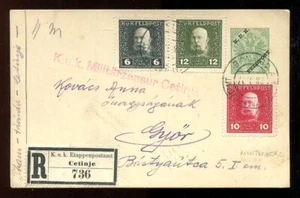 MONTENEGRO 1920 Registered Postal Card to Hungary. Military KuK Cetinje - Picture 1 of 2