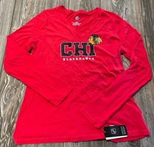 NWT Womens Chicago Blackhawks Bright Red Long Sleeve V-Neck Logo Shirt Sz Medium - Picture 1 of 3