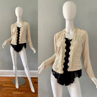Blusa Chaqueta Vintage Años 90 Romántica Boho Neutra Fina Encaje M Foto 1 de 4