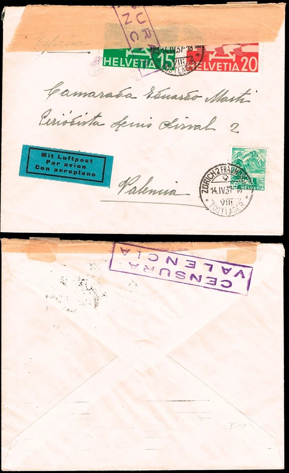 Suiza - Yv o A3+A4 - 1937 - Carta correo aéreo de Zurich a Valencia + censura - Imagen 1 de 1