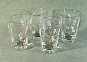 4 Vintage MCM Retro Libbey Glass Gold & White Wheat Design Heavy Bottom Tumblers - Picture 1 of 10