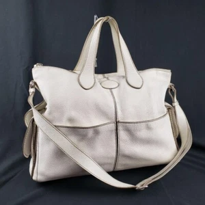 TOD'S Handbag Tote Shoulder Bag Logo Leather White Women's USED FROM JAPAN - Picture 1 of 15