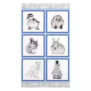 Animal Kingdom Blue Baby Bunny Penguin Fox Duck By the panel cotton print - Picture 1 of 2