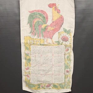 Rooster Sunflower Linen 1972 Calendar Kitchen Towel MCM Vintage 26" x 14" Faded - Picture 1 of 10