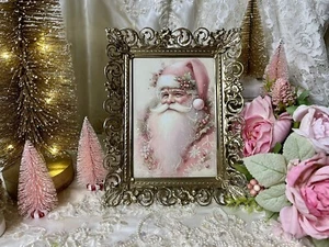 Shabby Chic rosa Weihnachtsmann, Vintage gold Metall ausgefallener Rahmen, gerahmter Druck A - Bild 1 von 6