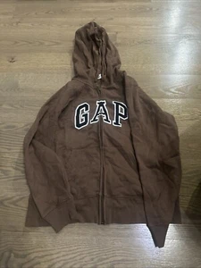 GAP Women's Sweatshirt Size Medium Brown Cozy Fleece Logo Full Zip Hoodie - Picture 1 of 3
