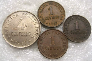 Moneda Portugal 1917, 1920 1 y 4 centavos lote de 4 monedas, XF - Imagen 1 de 1