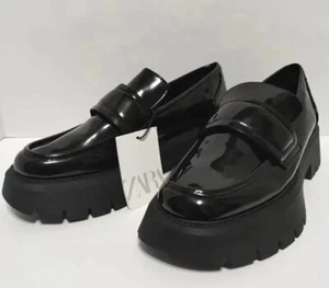 Zara Black Chunky Faux Patent Leather Platform Loafers Lug Sole 6.5 Y2K Grunge - Picture 1 of 11