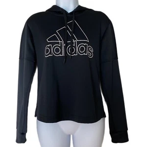 Adidas Women's Black Cropped Large Logo Long Sleeve Hooded Shirt Size Sm - Picture 1 of 5