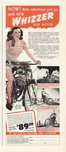 Pubblicità stampa d'epoca Whizzer Bike Motor 1946: cavalca ovunque - Foto 1 di 1