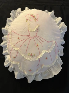 Antique 1920's Boudoir Bed Throw Pillow Hand Embroidery Lace 15" x 18" Loose Fil - Picture 1 of 4