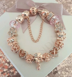 Genuine Pandora Bracelet in Rose Gold & Rose Gold Charms 19 cms + Pandora Box. - Picture 1 of 15