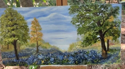 Pintura artística original vintage "Texas Bluebonnets" a bordo acrílico al óleo sin firmar? Foto 1 de 4