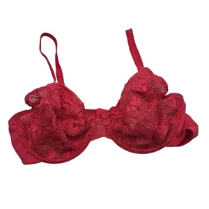 Vintage 1990s Womens Sz 36C Sexy Demi Bra Red Lace Semi Sheer - Picture 1 of 4