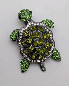  Green Rhinestones Articulated  Turtle Brooch Pendant Gunmetal tone 2.5 In - Picture 1 of 5