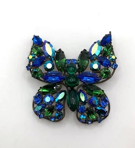 Vintage große Regency Brosche signiert dunkelgrün und blau Schmetterling Strass  - Bild 1 von 10
