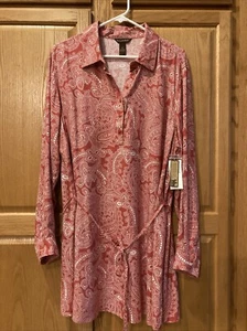 BIT & BRIDLE TUNIC TOP XL RED WHITE PAISLEY FLORAL WESTERN HENLEY TIE LS WOMENS - Picture 1 of 12