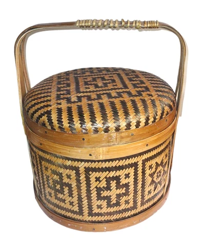 Vintage Asian Chinese Handled Wedding Basket Box Woven Bamboo Rattan Boho Decor Cover