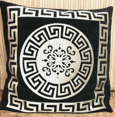 Greek Keys/Border Circle Baroque Black & silver Decorative Pillow Throw Cover - Image 1 of 4